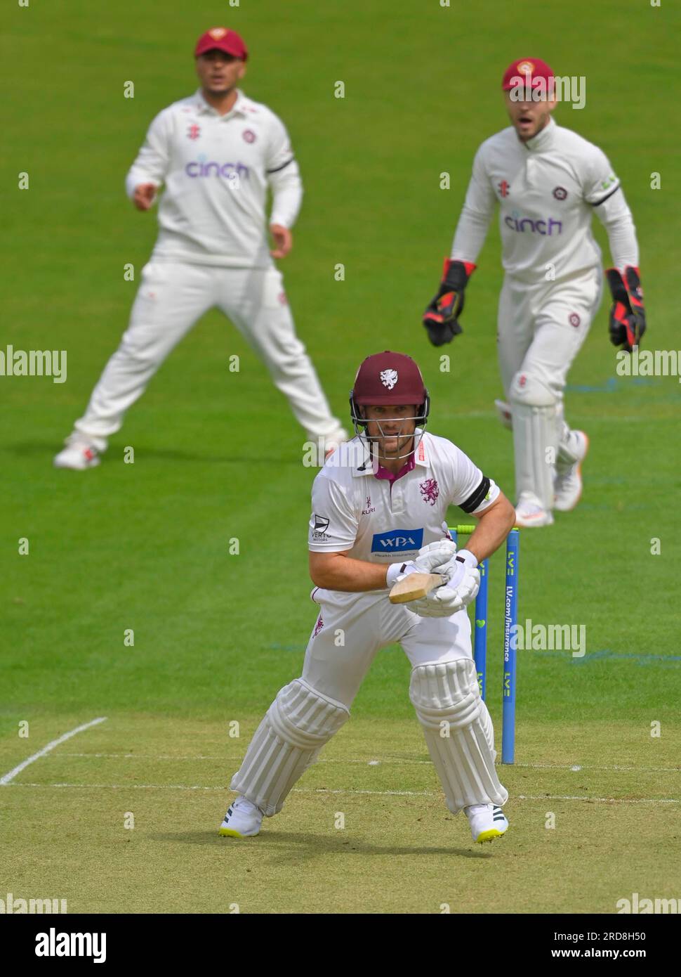 NORTHAMPTON, ENGLAND - Juli-19 : Sean Dickson schlägt während des Spiels LV= Insurance County Championship Division 1 zwischen Northamptonshire und Somerset im County Ground in Northampton, England. Stockfoto