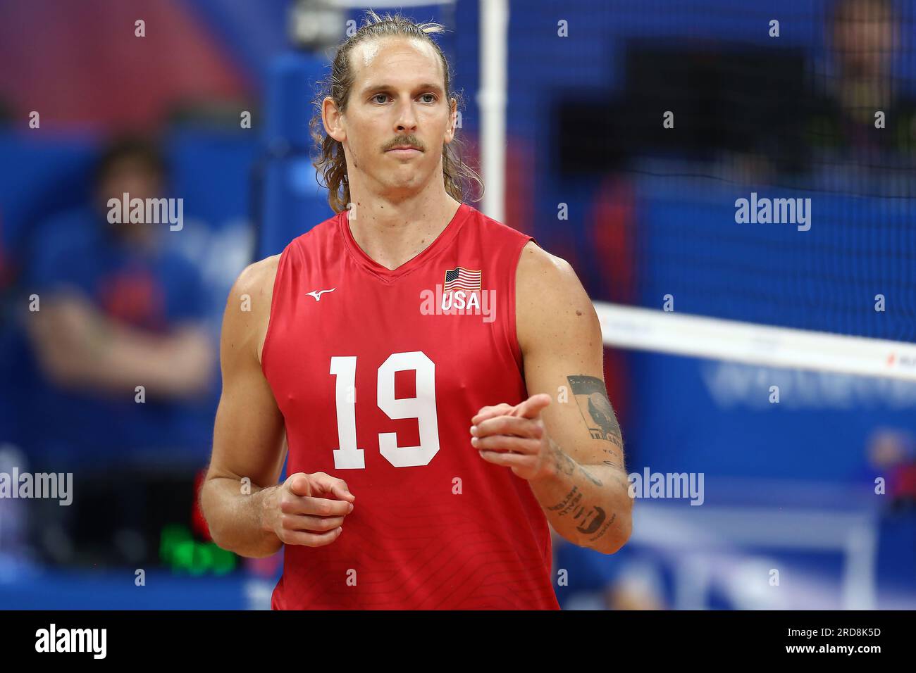 Danzig, Polen. 19. Juli 2023. Taylor Averill beim FIVB Volleyball Men's Nations League-Spiel zwischen den USA und Frankreich am 19. Juli 2023 in Danzig, Polen. (Foto: Piotr Matusewicz/PressFocus/Sipa USA) Guthaben: SIPA USA/Alamy Live News Stockfoto