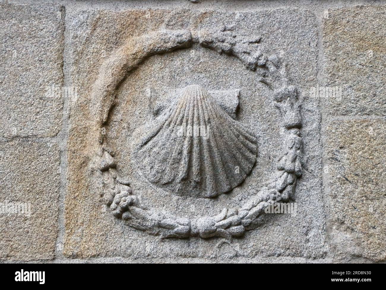 Kreisförmiges Relief aus Stein geschnitzte Jakobsmuschel an einer Wand in der Praza de Praterias Santiago de Compostela Galicien Spanien Stockfoto