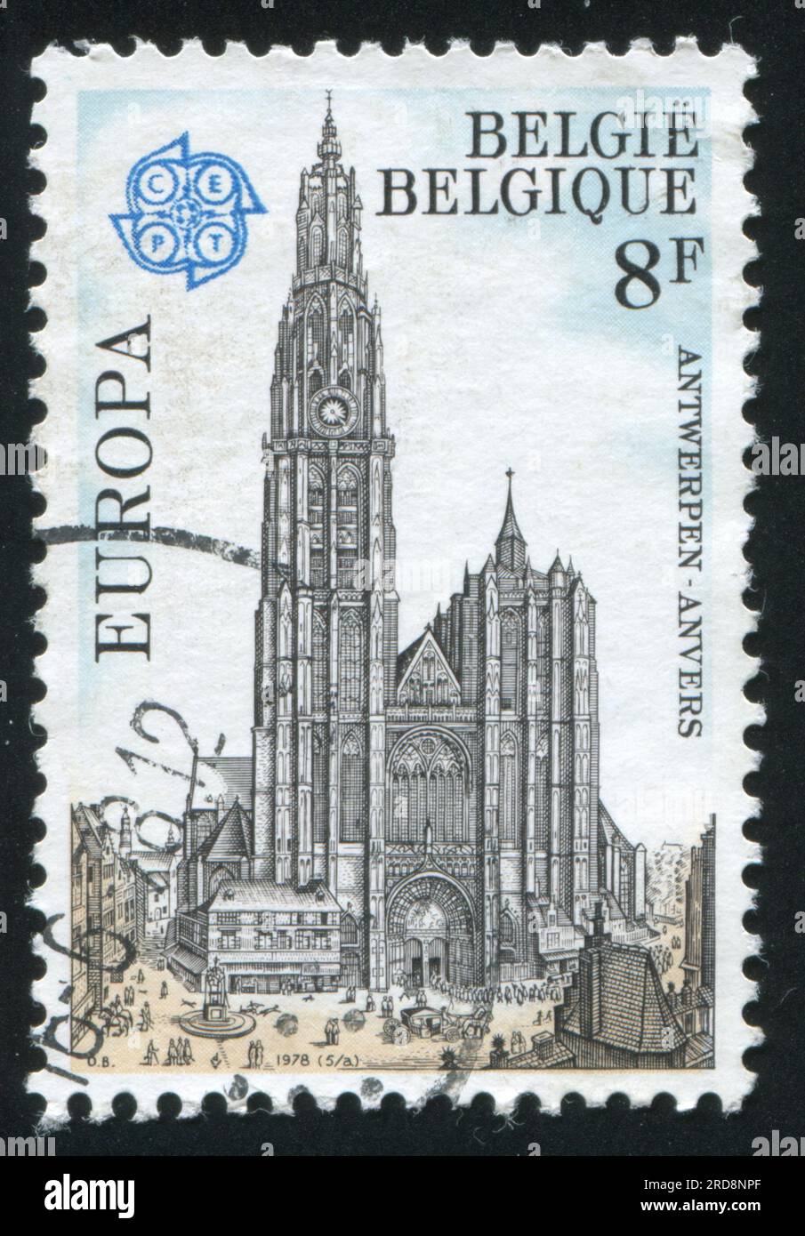 RUSSLAND KALININGRAD, 20. OKTOBER 2015: Briefmarke gedruckt von Belgien, zeigt Antwerpener Kathedrale, von Vaclav Hollar, ca. 1978 Stockfoto