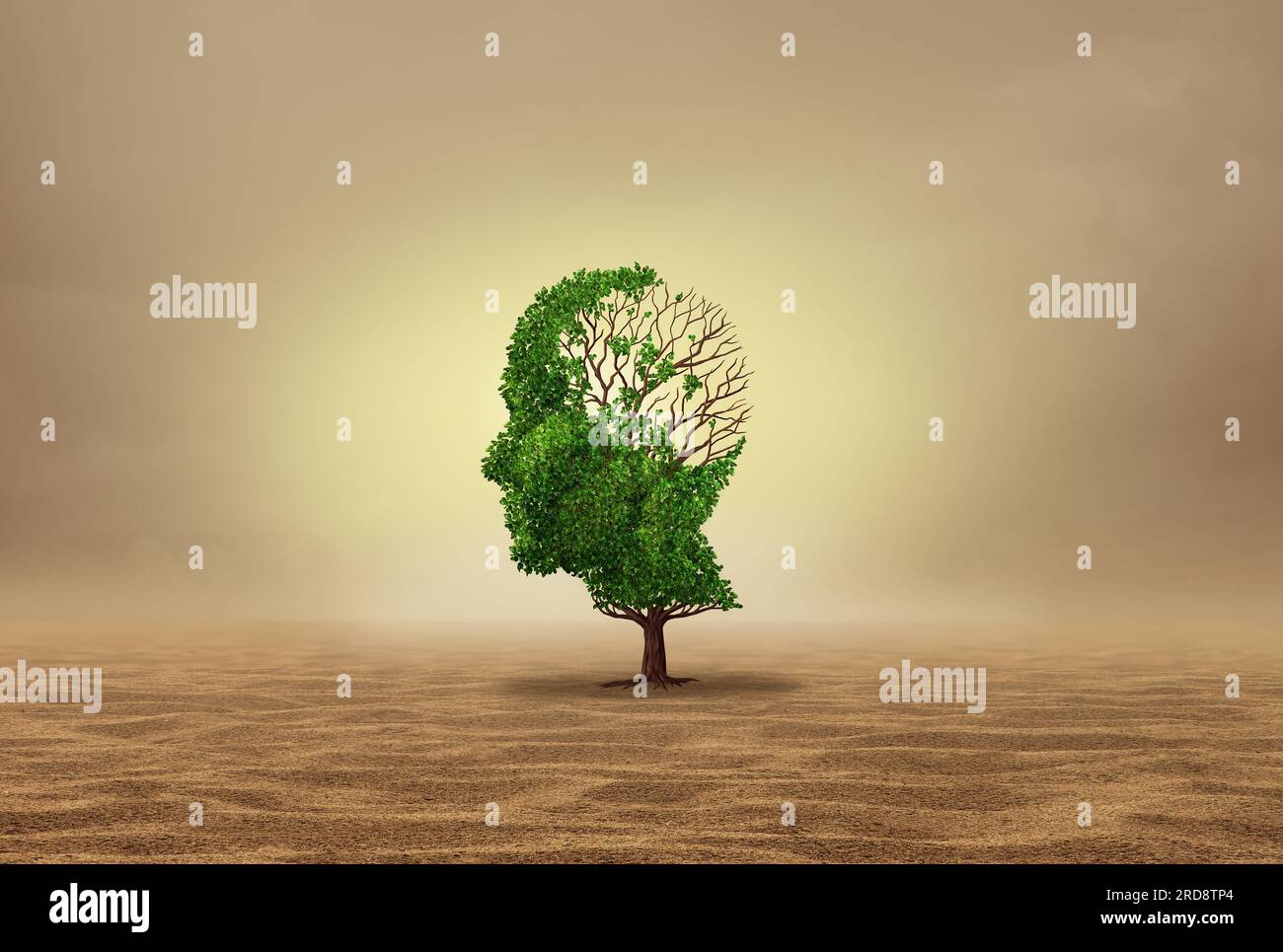 Psychische Gesundheit und Heatave oder Hitzewelle als Symbol für Klimaangst und Stress durch extreme hohe Wettertemperaturen und kognitive Funktionen Stockfoto