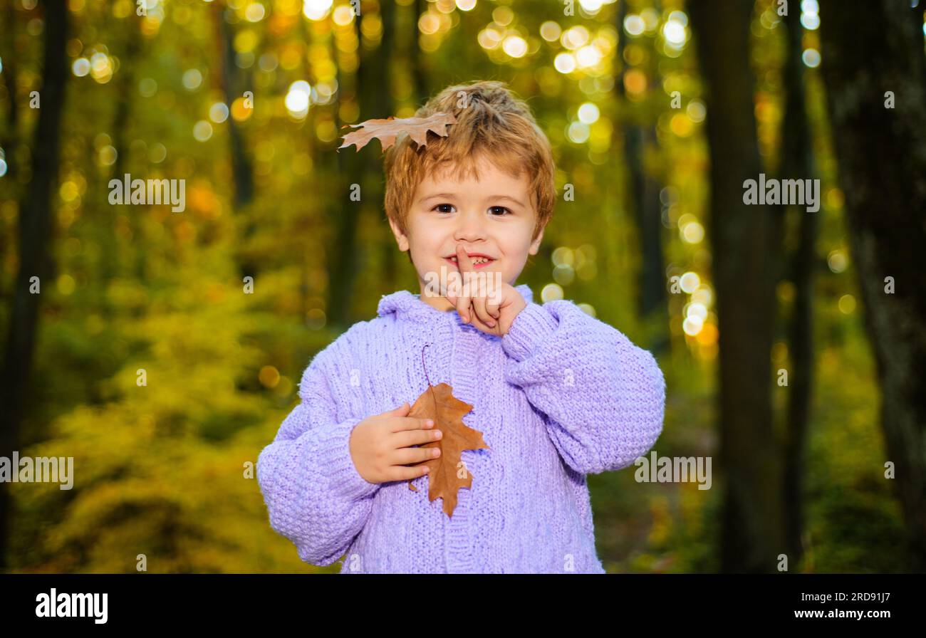 Herbstkind mit Herbstlaub. Ein kleiner Junge, der in warmer Herbstkleidung im Park spaziert. Outdoor-Spiele für Kinder. Lächelndes Kind im Herbstwald. Ruhe im Herbst Stockfoto