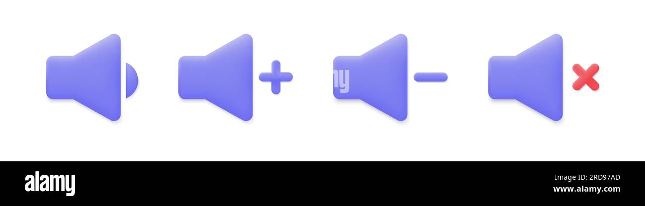 Set mit 3D Symbolen für die Lautstärkeregelung im minimalistischen Cartoon-Stil. Lautstärke- und Stummschaltungstasten. Lautsprechervektordarstellung isoliert auf weißem Hintergrund. Stock Vektor