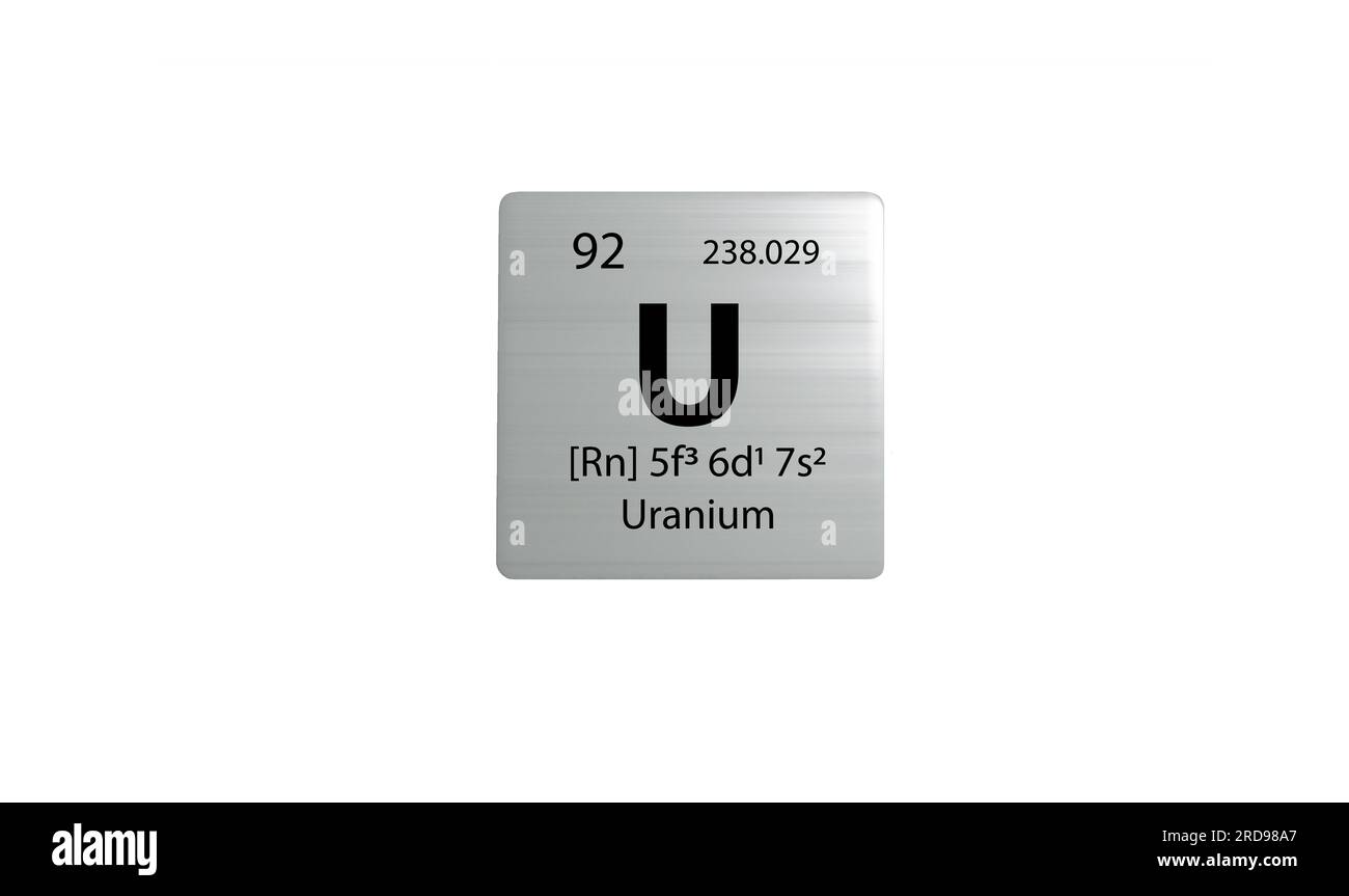Uranelement auf einem metallischen Periodentisch auf weißem Hintergrund. 3D gerendertes Symbol und Illustration. Stockfoto