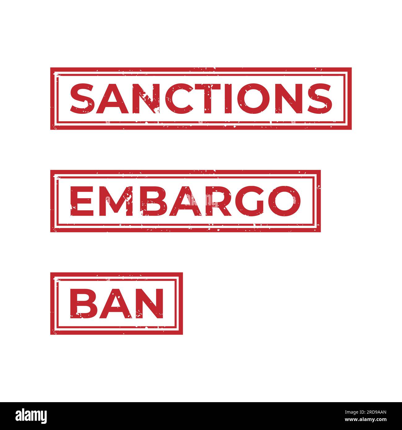 Grunge rote rechteckige Stempel mit Aufschriften Verbot, Embargo, Sanktionen. Darstellung isolierter Vektoren auf weißem Hintergrund. Stock Vektor