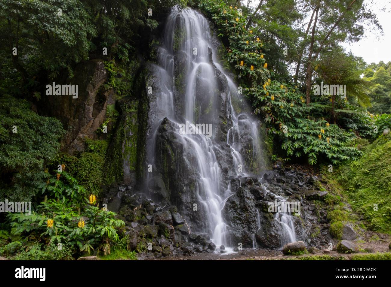 Wasserfall im Botanischen Garten von Ribeira do Guilherme in Nordeste mit Touristen, Insel Sao Miguel auf den Azoren. Stockfoto