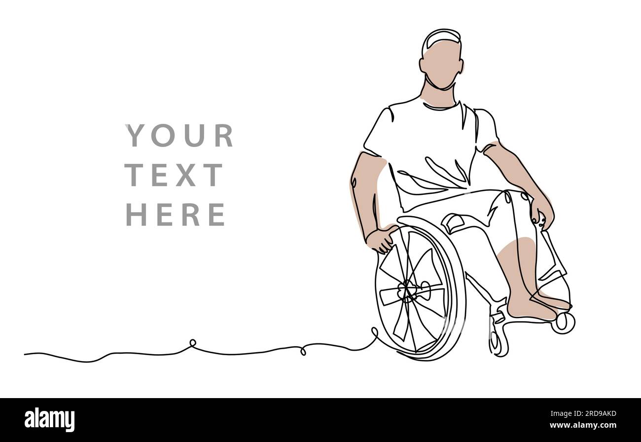 Der Mann sitzt in einem Rollstuhl auf weißem Hintergrund. Eine durchgehende Strichgrafiken-Zeichnung. Einfache Vektordarstellung eines jungen Rollstuhlmannes Stock Vektor