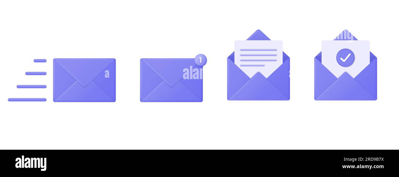 3D Symbole eines violetten Briefumschlags mit einer neuen Nachrichtenmarkierung. E-Mail-Benachrichtigung mit einem Häkchen. vektordarstellung isoliert auf weißem Hintergrund. Stock Vektor