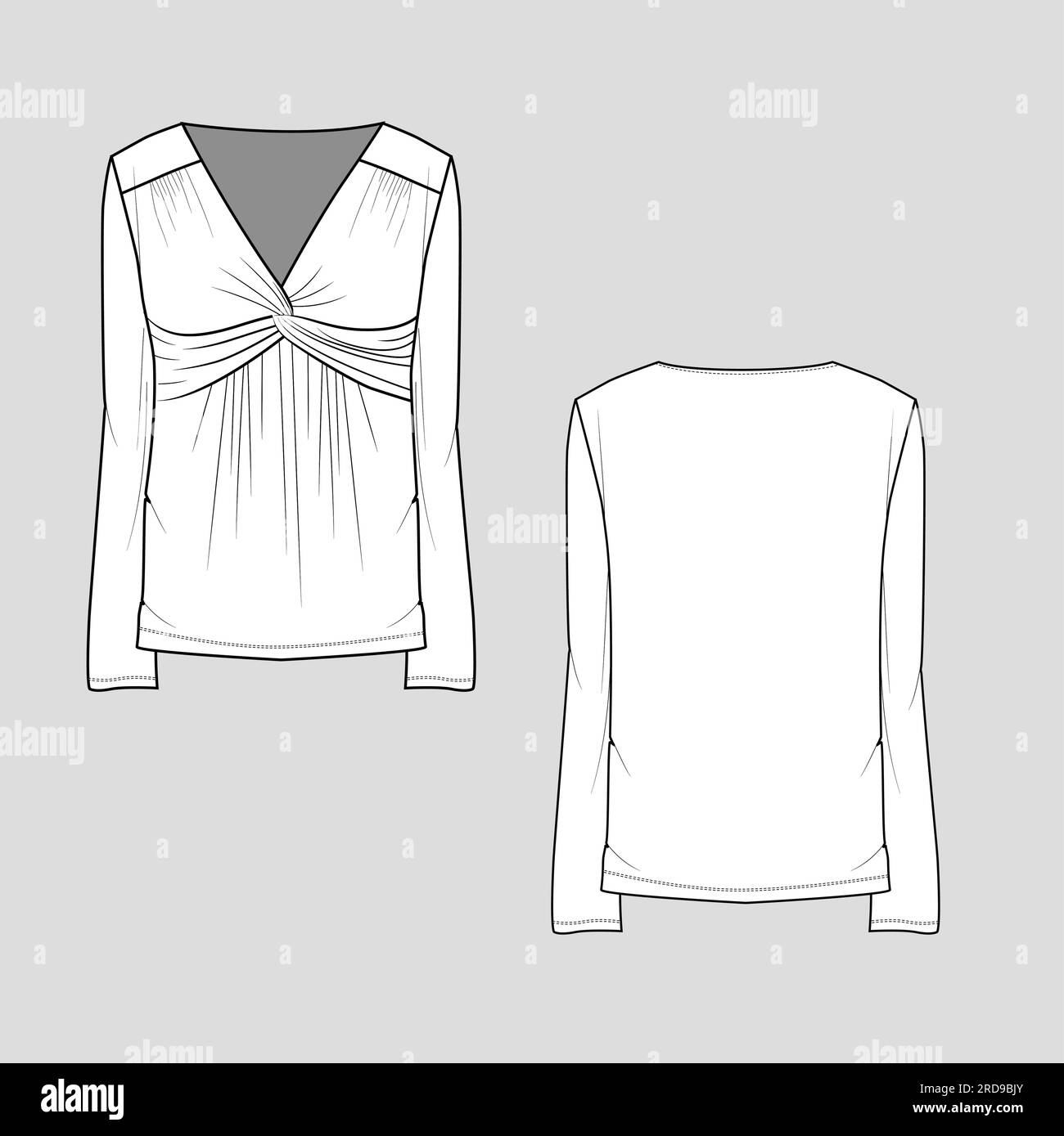 Damen Front Twist Knoten Sammeln V Ausschnitt Langarm T-Shirt Bluse Top Mode Flat Sketch technischer Zeichenvektor Stock Vektor