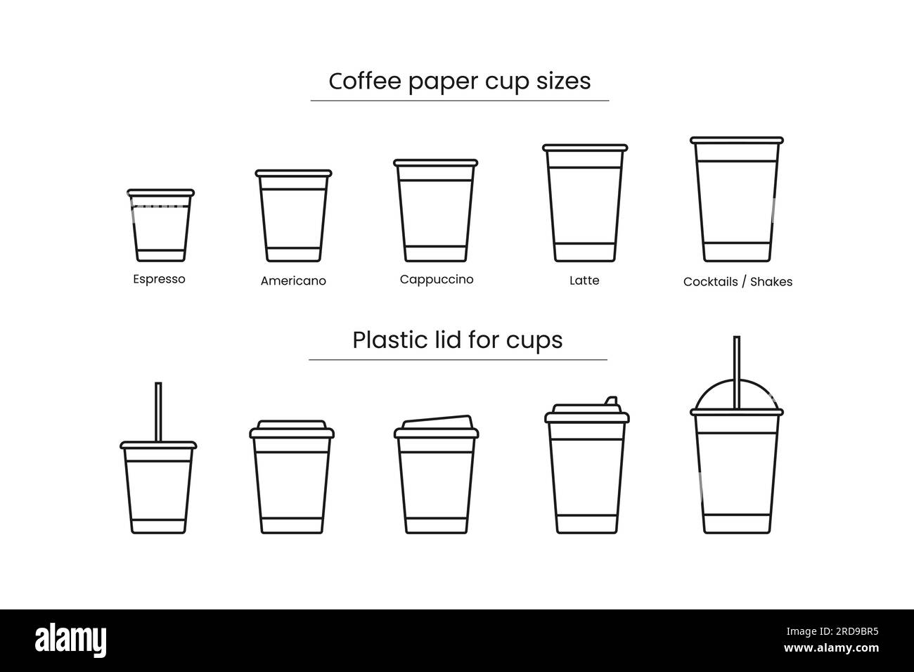 Symbolsatz mit Pappbechern für Kaffee verschiedener Größen und Deckel. Konstruktion der vektordarstellung isoliert auf weißem Hintergrund Stock Vektor