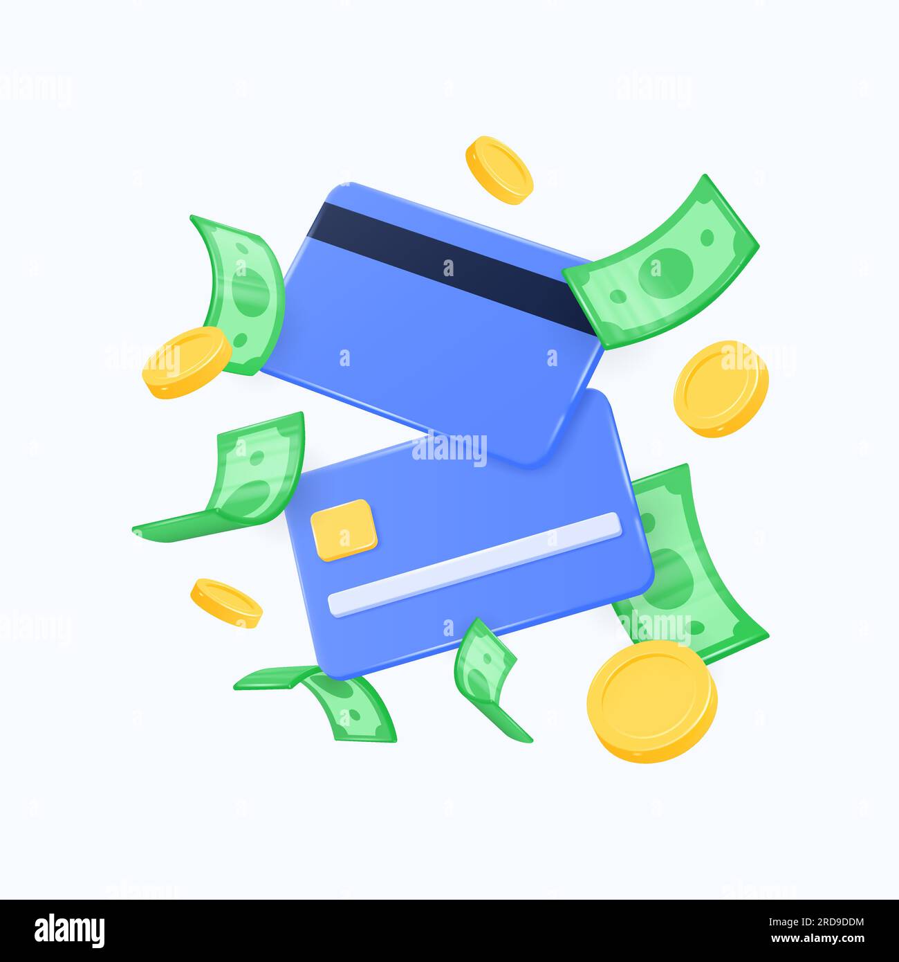 Kreditkarten, grüne Dollar und Goldmünzen im Flug. vektorrealistische 3D-Darstellung im Cartoon-Stil. Konzept der Bezahlung von Einkäufen per Karte, Mo Stock Vektor