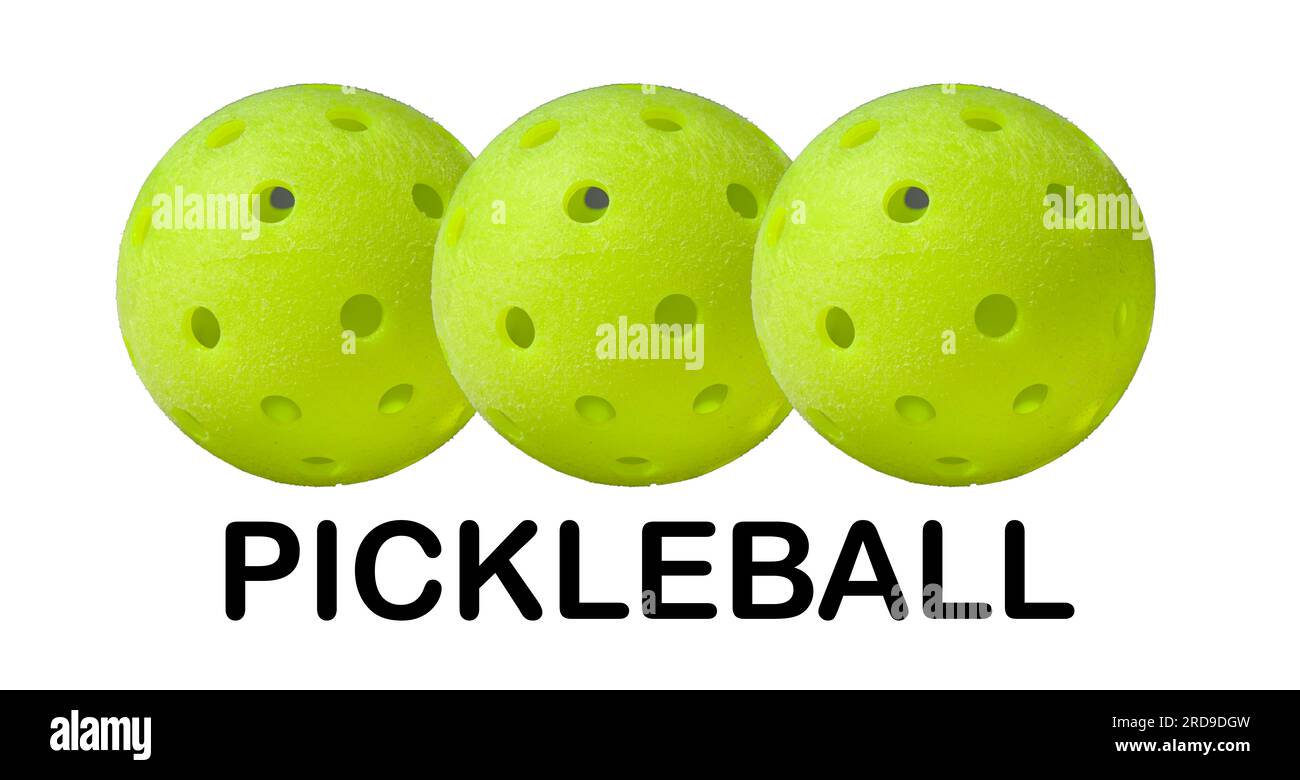 Drei isolierte Pickleballs und das Wort "Picklenball" Stockfoto