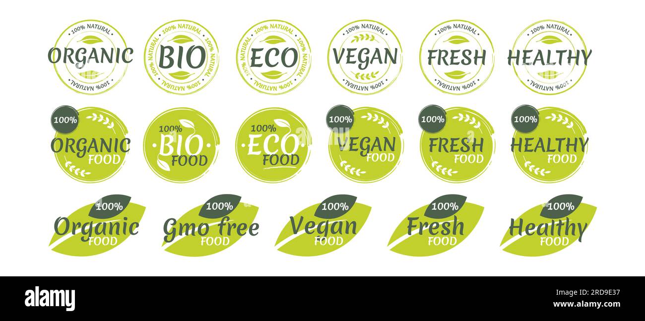 Aufkleber, Etikett, Abzeichen und Logo.Ökologie-Symbol für Öko-, Bio-, Bio- und Naturprodukte. Logo-Vorlage mit grünen Blättern für Bio- und umweltfreundliche Produkte Stock Vektor