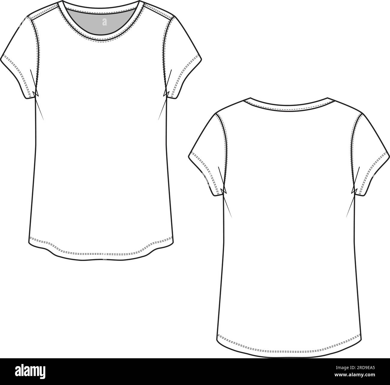 Frauen Rundhalsausschnitt Kurzarm-T-Shirt technische flache Zeichnung Vektor Stock Vektor