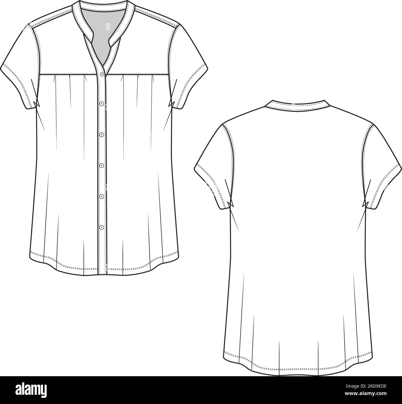 Damen Mode Henley-Ausschnitt vollständig offene Knopfleiste Brust Raffung T-Shirt Oberteil technische flache Skizzenzeichnung Stock Vektor