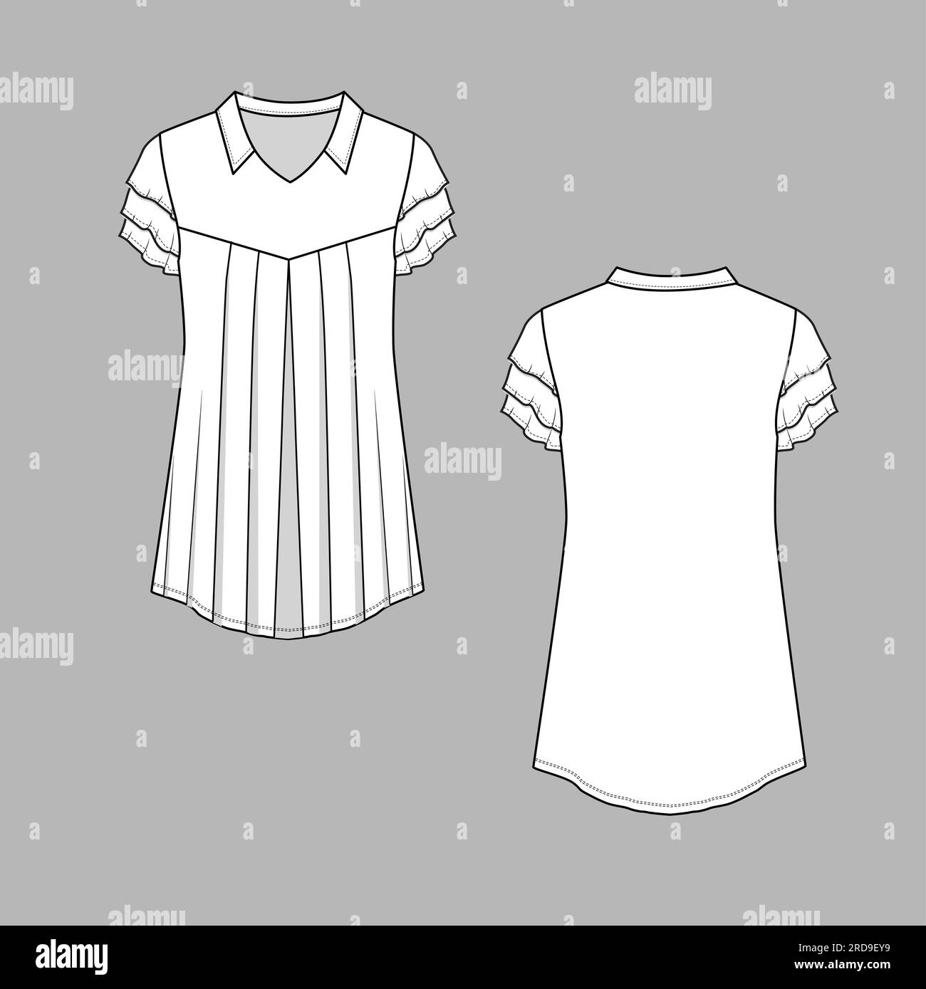Frauen Tunika-Oberteile mit Plissee-Kragen, mehrlagige Rüschenärmel, A-Linie, ausgestellter Saum, flaches Sketch-Design mit technischer Zeichnung, Vektor-Design Stock Vektor