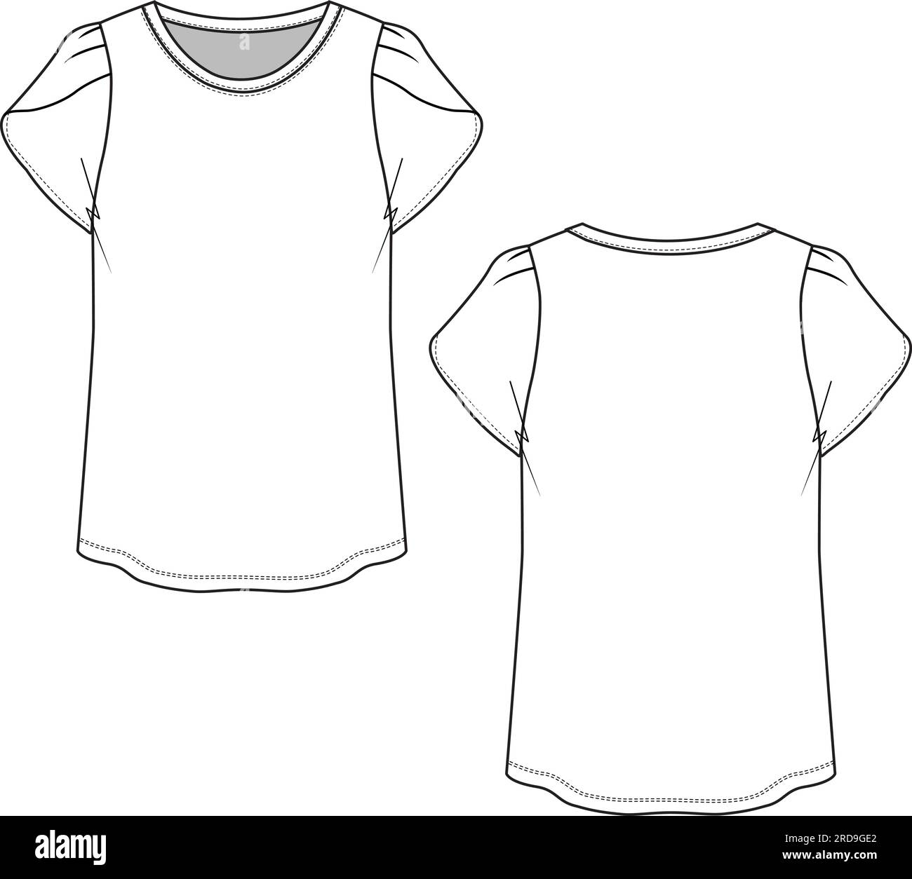 Damen Rundhalsausschnitt Bluse mit Blütenärmeln T-Shirt technische flache Zeichnung Vektor Stock Vektor