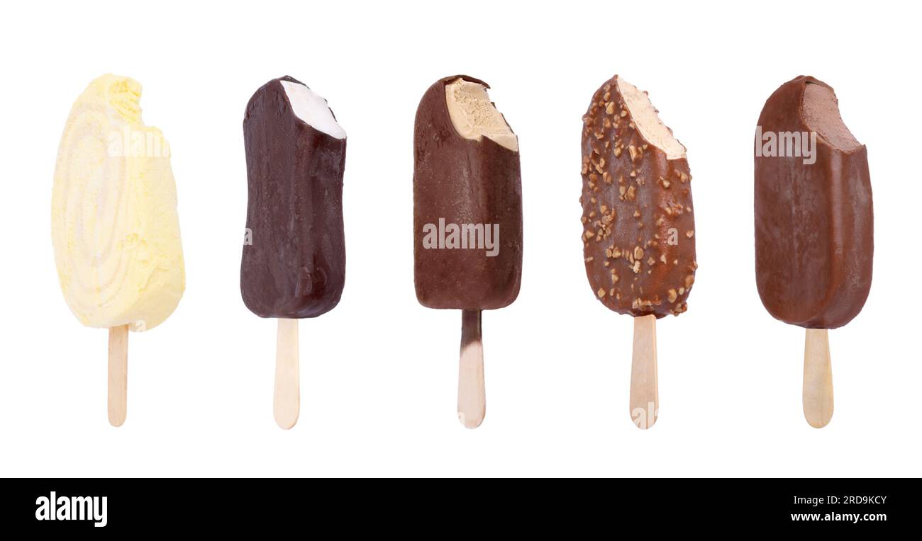 Set verschiedener Eiscremes, isoliert auf Weiß Stockfoto