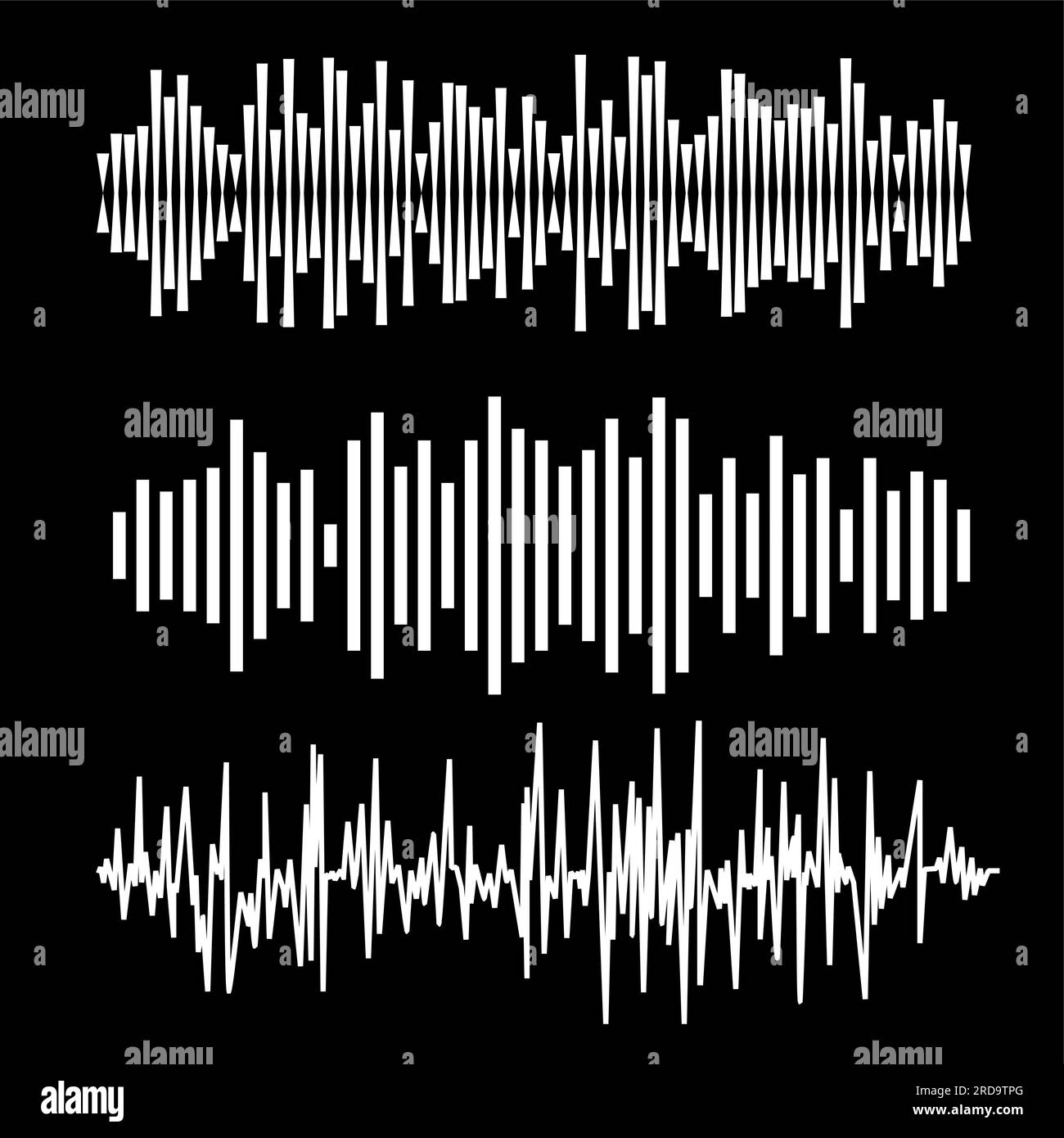 Abstraktes Music Waves Set. Monocolor Audio Soundtrack, Musikalische Vibrationen. Funkwellensymbole. Musikfrequenz auf schwarzem Hintergrund Stock Vektor