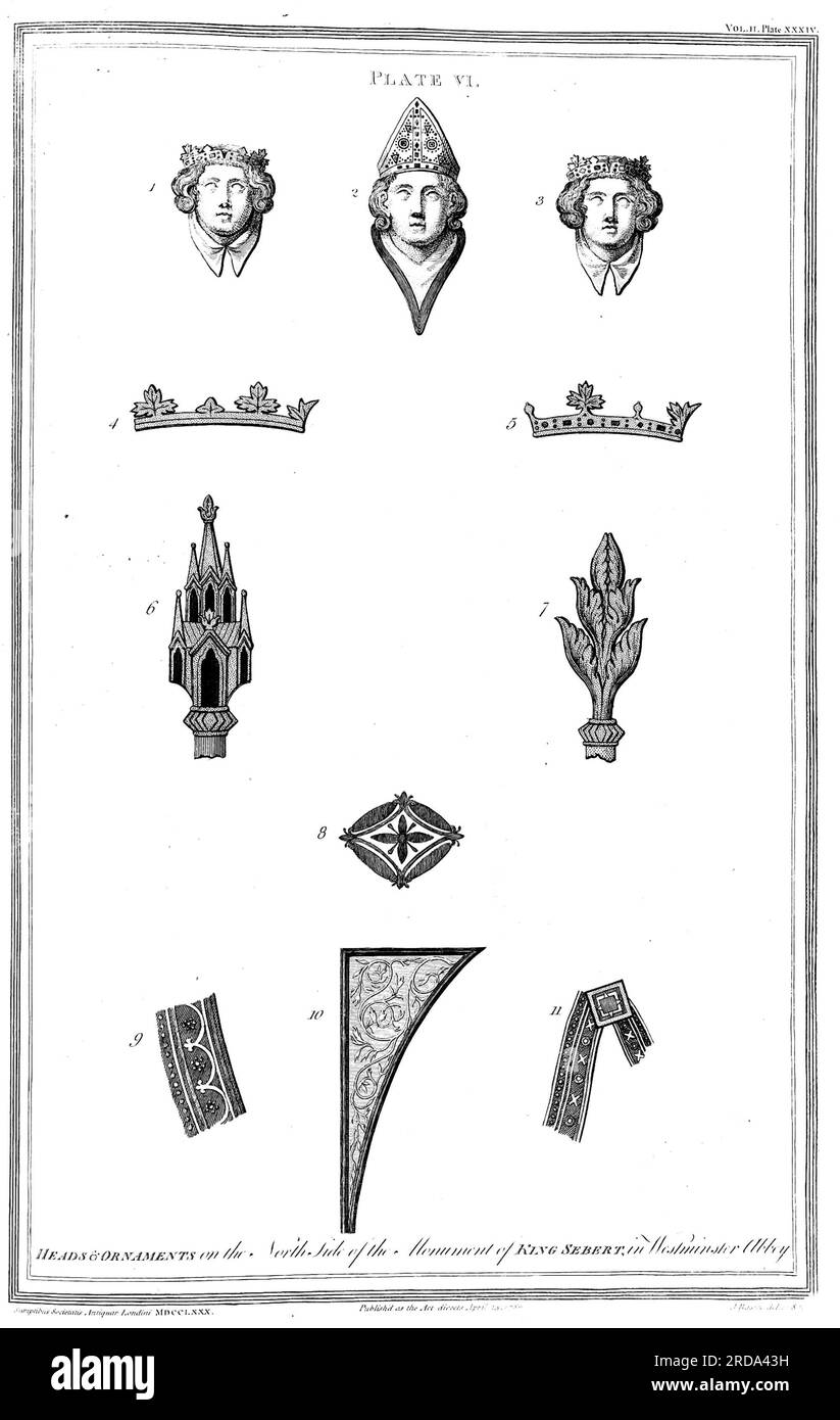 Gravur der drei Denkmäler in Westminster Abbey aus dem Buch The Society of Antiquaries of London hat sich darum gekümmert, auf eigene Kosten die antiken Aufzeichnungen zu veröffentlichen, die die Erinnerung an britische Angelegenheiten bewahren, die ursprünglich im lateinischen Vetusta monumenta, Quae ad rerum Britannicarum memoriam conservandam Societas Antiquariorum Londini sumptu suo edenda curavit Veröffentlicht 1789 von Londini [Gesellschaft der Antiquitäten] Stockfoto
