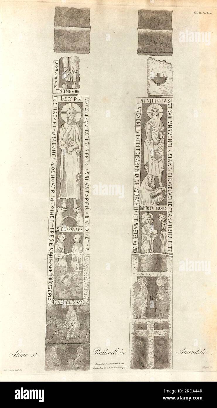 Das Ruthwell Cross ist fast 5,5m m (18 Fuß) hoch und bietet ein symbolisches Programm von Bildern und Texten sowie Pflanzen- und Tierdekorationen. Aus dem Buch The Society of Antiquaries of London hat auf eigene Kosten die alten Aufzeichnungen veröffentlicht, die die Erinnerung an britische Angelegenheiten bewahren, ursprünglich im lateinischen Vetusta monumenta, Quae ad rerum Britannicarum memoriam conservandam Societas Antiquariorum Londini sumptu suo edenda curavit Veröffentlicht 1789 von Londini [Gesellschaft der Antiquitäten] Stockfoto