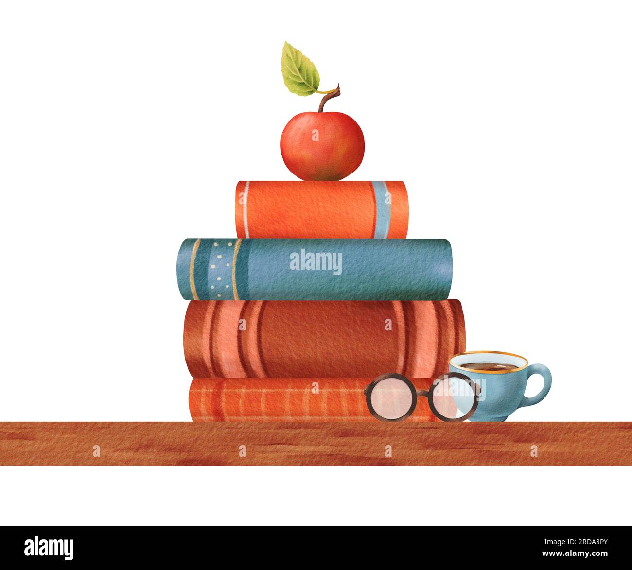 Komposition zurück zur Schule. Ein Haufen bunter Bücher auf dem Tisch. Einen Apfel, Gläser, eine Tasse heißen Tee. Wissen, Lernen, Lehrbücher. Komfort, Lesen Stockfoto