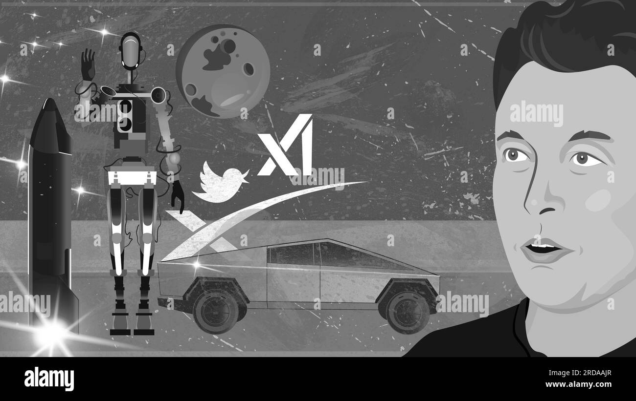 2023 Porträt von Elon Musk, Raumschiff, Weltraum x, Twitter und Xai, Planet Mars, Starlink, Cybertruck, Roboter Stockfoto