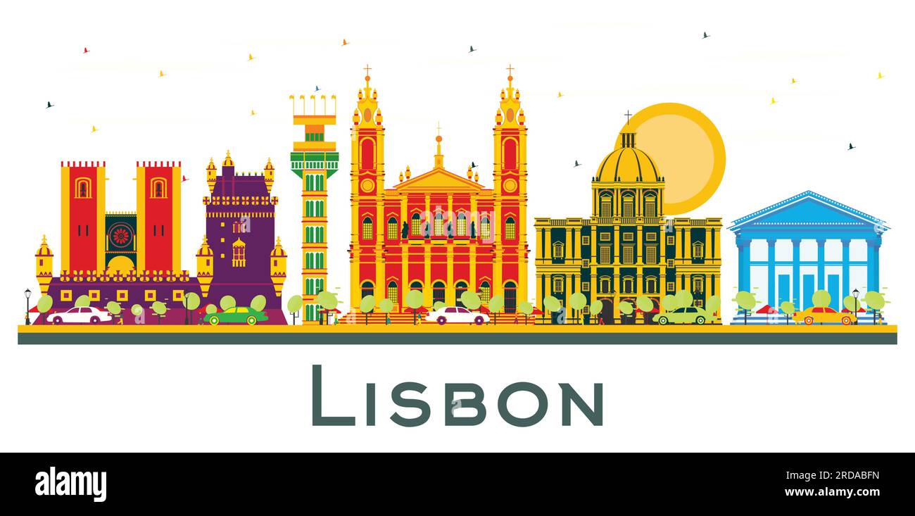 Die Skyline von Lissabon, Portugal, mit farbigen Gebäuden isoliert auf Weiß. Vektordarstellung. Business Travel and Tourism Concept mit Historic Architectu Stock Vektor