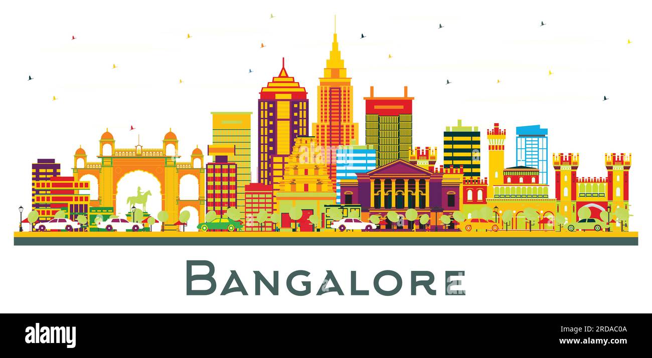 Skyline von Bangalore, Indien, mit farbigen Gebäuden, isoliert auf Weiß. Vektorgrafik. Business Travel und Tourismus Konzept. Stock Vektor