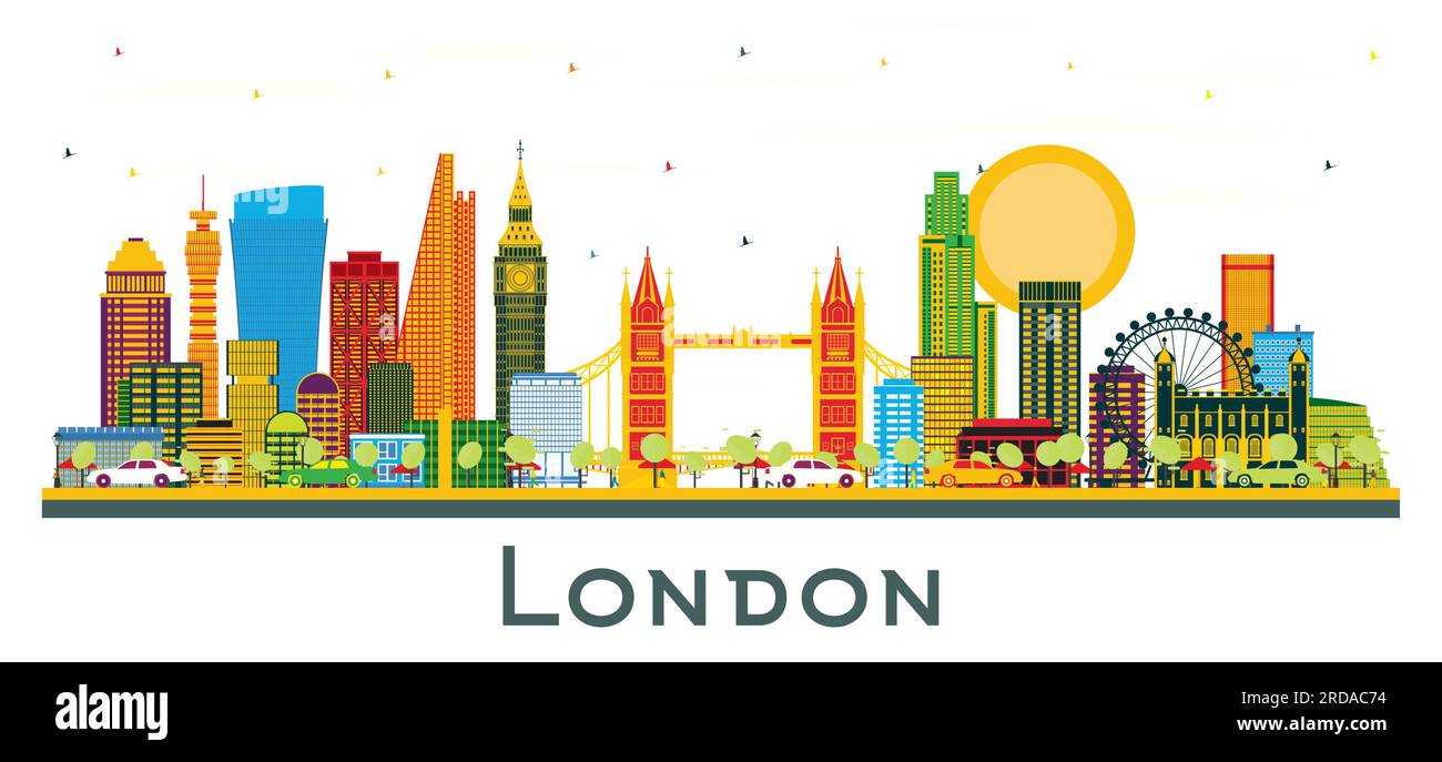 London UK City Skyline mit farbigen Gebäuden isoliert auf Weiß. Vektordarstellung. Londoner Stadtlandschaft mit Wahrzeichen. Stock Vektor