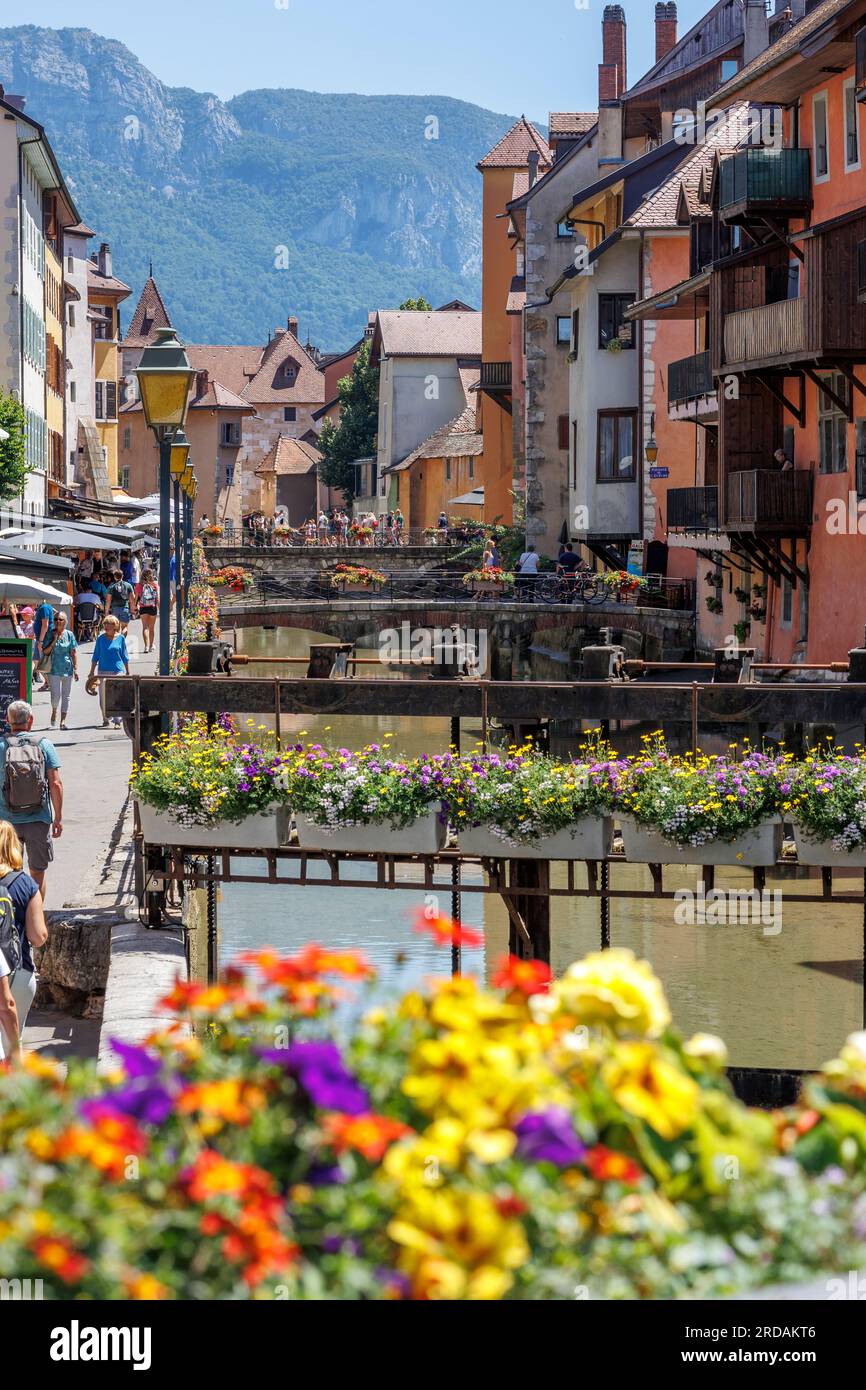 Le Thiou fließt durch die Altstadt von Annecy Haute-Savoie Auvergne-Rhone-Alpes Frankreich Stockfoto