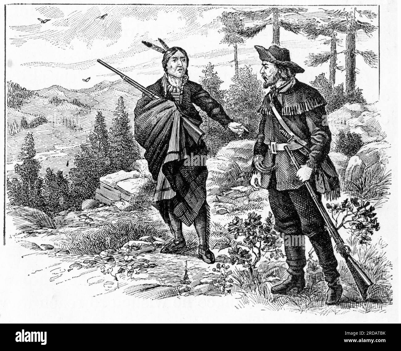 Gravur eines nordamerikanischen indianers und eines Pionierarbeiters im Wald, ca. 1880 Stockfoto