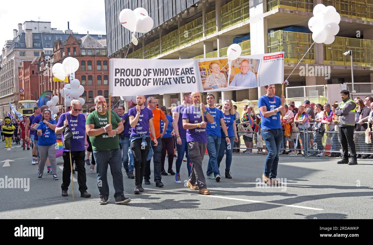 BAE Systems bei der Manchester Pride Festival Parade, 36 Whitworth Street, Manchester, England, Großbritannien, M1 3NR Stockfoto