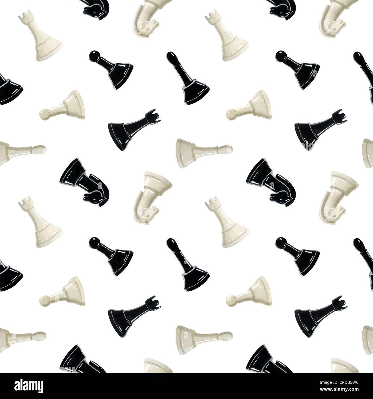 Schachfiguren in Schwarz und Weiß, Ritter, Bischöfe und Turm, nahtloses Muster auf weißem Hintergrund Stockfoto