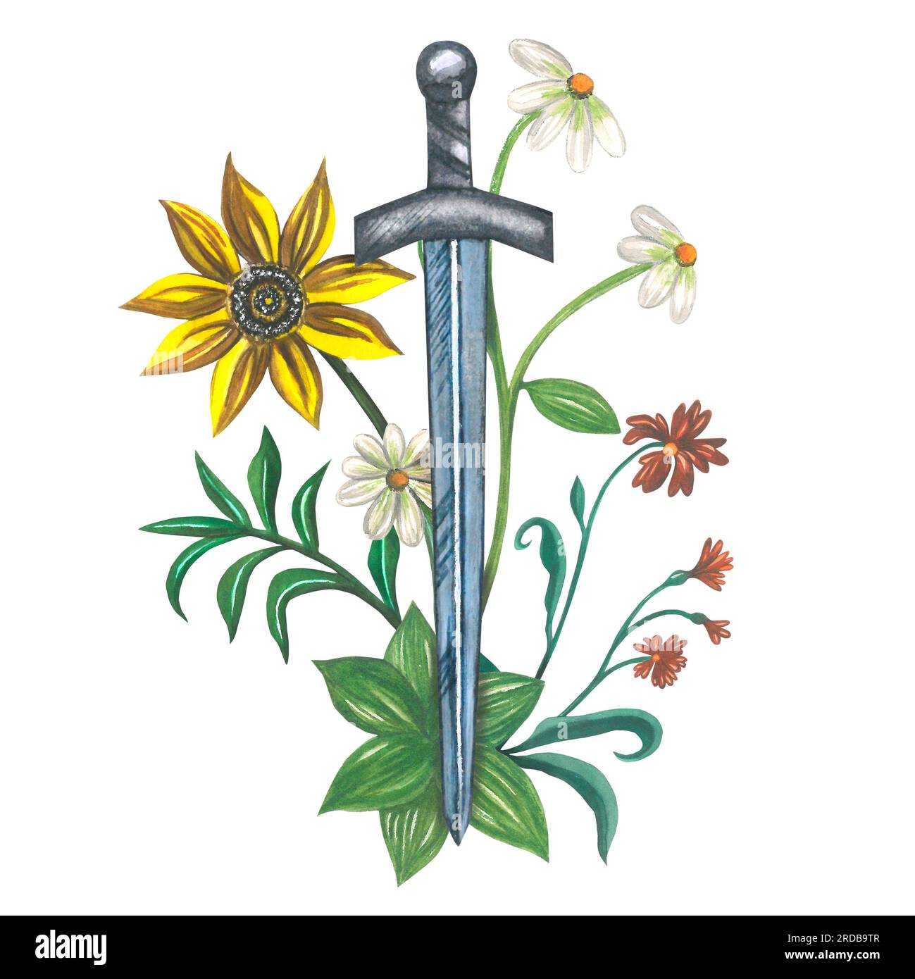 Blumenarrangements mit einem Schwert im mittelalterlichen Stil. Wasserfarben-Illustration wird von Hand auf weißem Hintergrund hergestellt. Inspiriert von einem mittelalterlichen Wandteppich. Stockfoto