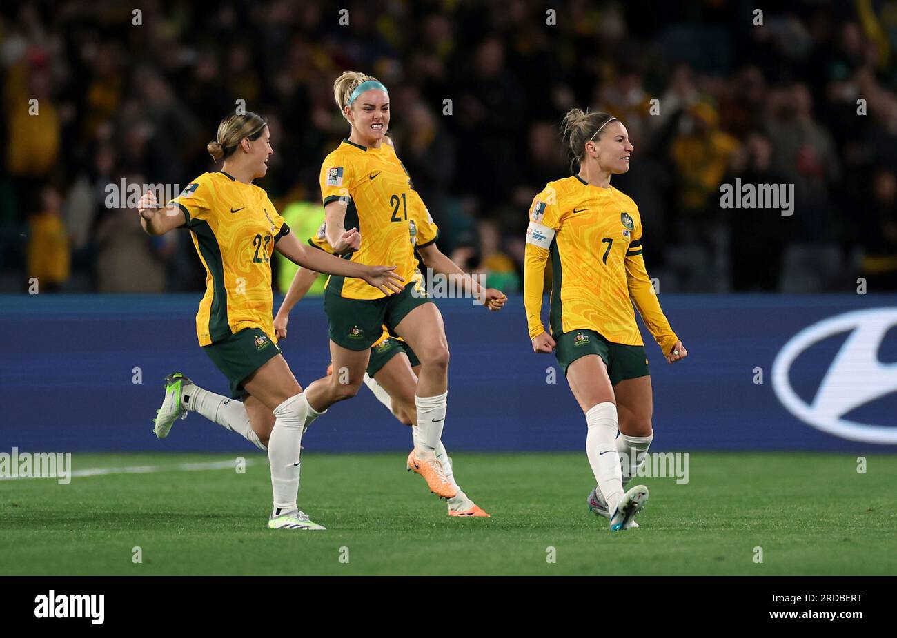 Australiens Steph Catley feiert das erste Tor seiner Mannschaft während der FIFA Frauen-Weltmeisterschaft 2023, Gruppe B, im Sydney Football Stadium, Australien. Foto: Donnerstag, 20. Juli 2023. Stockfoto