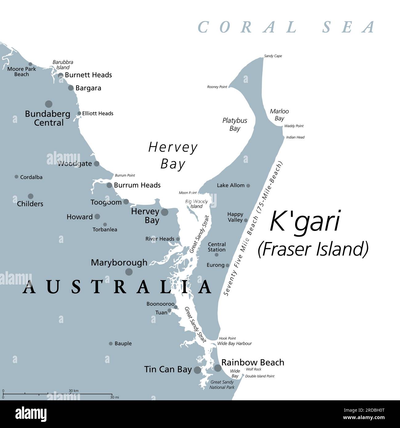 K'gari, früher Fraser Island, graue politische Karte. Die größte Sandinsel der Welt entlang der Küste von Queensland, Australien, mit 75-Mile-Beach. Stockfoto