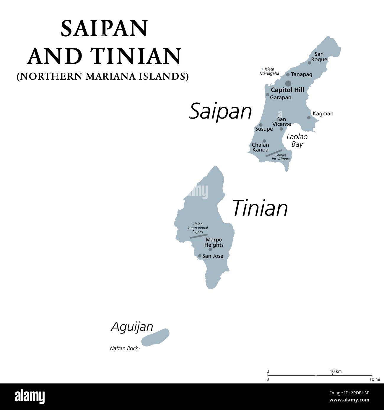 Saipan und Tinian, Nördliche Marianen, graue politische Karte. Inseln des Marianen Archipels. Nicht eingetragenes Territorium und Commonwealth der USA. Stockfoto