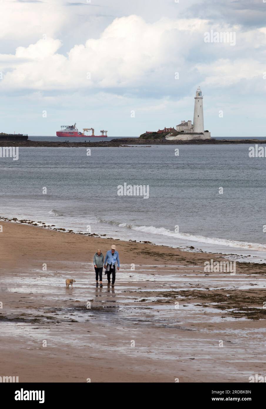 St. Marys Light House Whitley Bay mit ein paar Spazierhunden am Strand Stockfoto