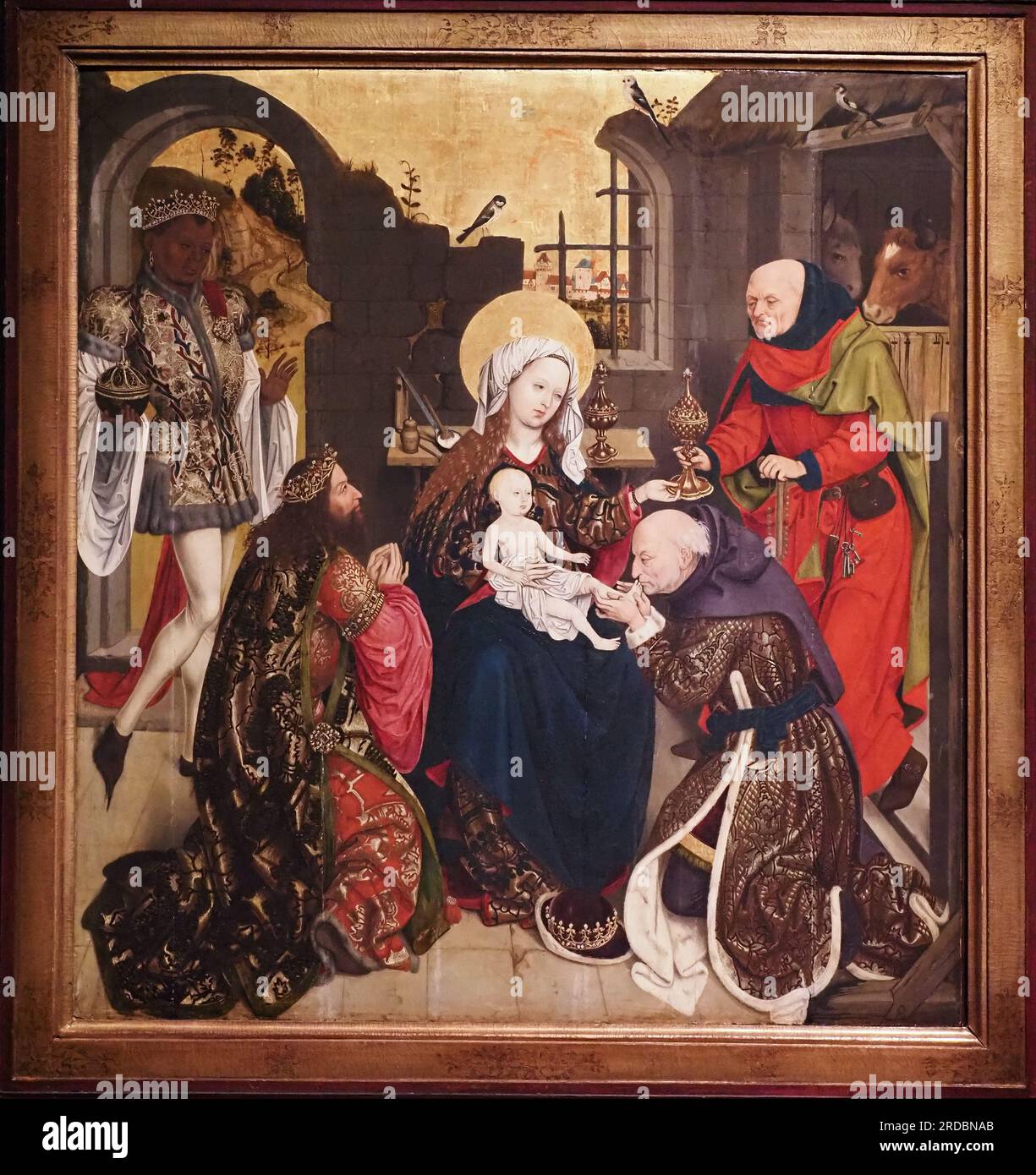 Die Verehrung von Magi. Paneele aus dem ehemaligen Altarbild in der Schottenkirche, Wien, ca. 1470. Eichenmalerei. Schöpfer: Meister der Schotten Stockfoto