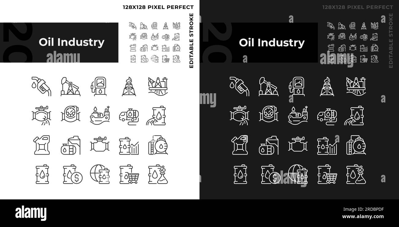 Lineare Symbole der Ölindustrie für den dunklen, hellen Modus eingestellt Stock Vektor