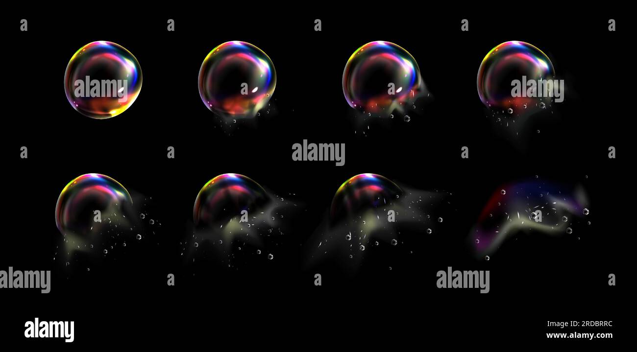 Schillernde Schaumblasen-Explosions-Animation. Glasspektralfolie mit Regenbogenreflexion. Abstraktes Magic Blowing Balloon 3D Game Storyboard Kit. Löschen Sie die Kreiskugel, und zerstören sie fx isoliert Stock Vektor