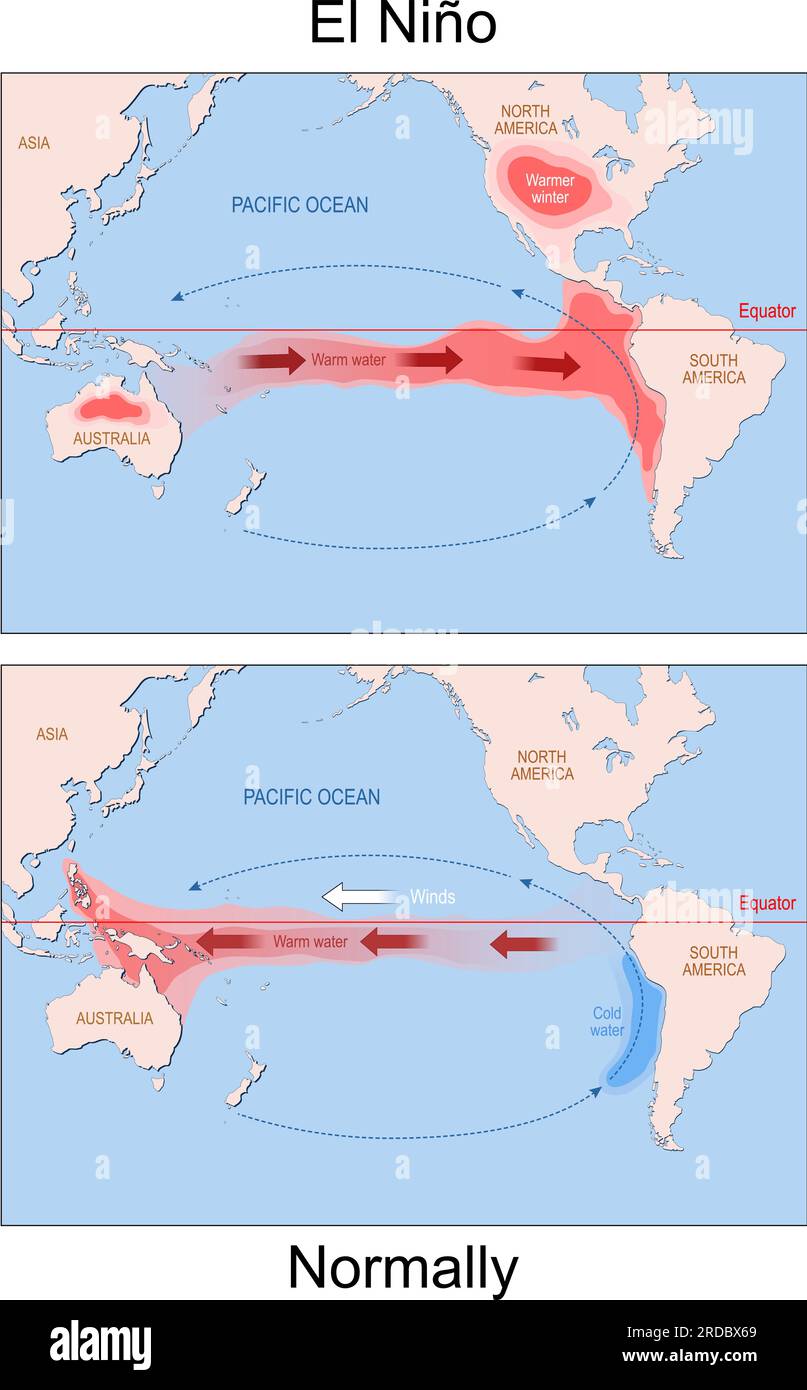 El Nino. Weltkarte mit Kontinenten und Pfeilen, die die Richtung von warmem und kaltem Wasser und Wind anzeigen. Wetter, Klima, Ozean und Atmosphäre Stock Vektor