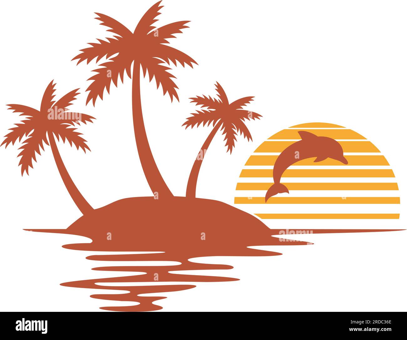 Abbildung einer tropischen Insel mit Palmen, Sonnenuntergang und Delphin (Sommerdesign) Stock Vektor