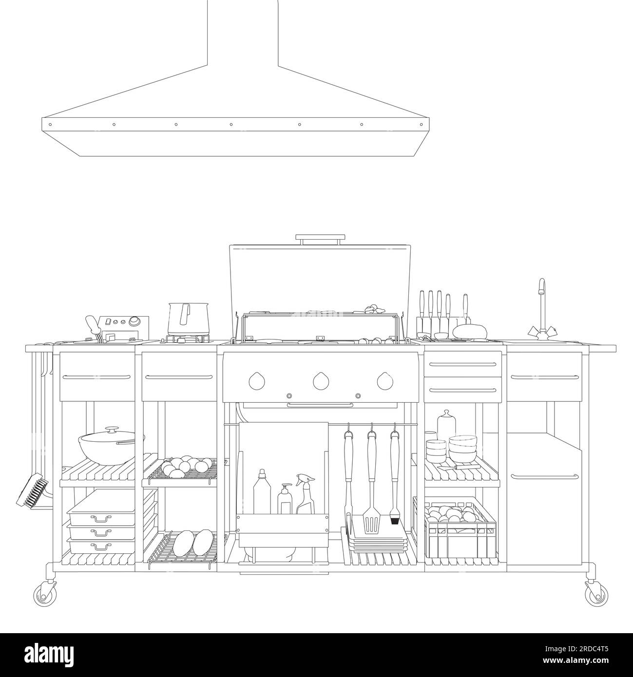 Barbecue/BBQ Gas Grill Clipart - Outline. Vektorgrafik zum Kochen von Speisen auf einem Holzkohlegrill. Stock Vektor