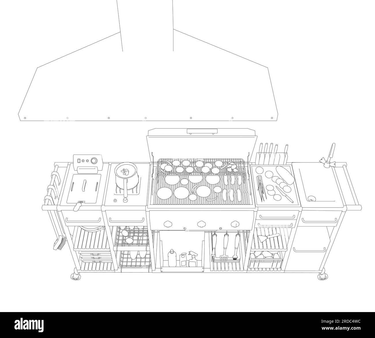Barbecue/BBQ Gas Grill Clipart - Outline. Vektorgrafik zum Kochen von Speisen auf einem Holzkohlegrill. Stock Vektor