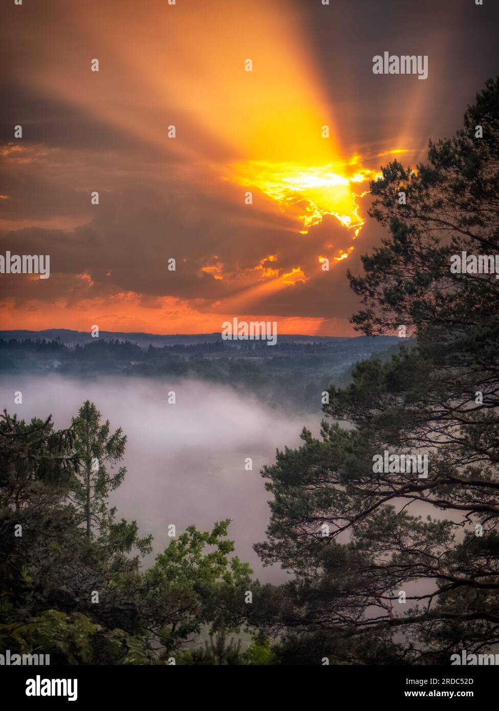 Wunderschöner, lebhafter, dramatischer Sonnenuntergang von hoch oben mit Blick auf das Naturschutzgebiet Säveån mit Nebel in Floda, Schweden Stockfoto