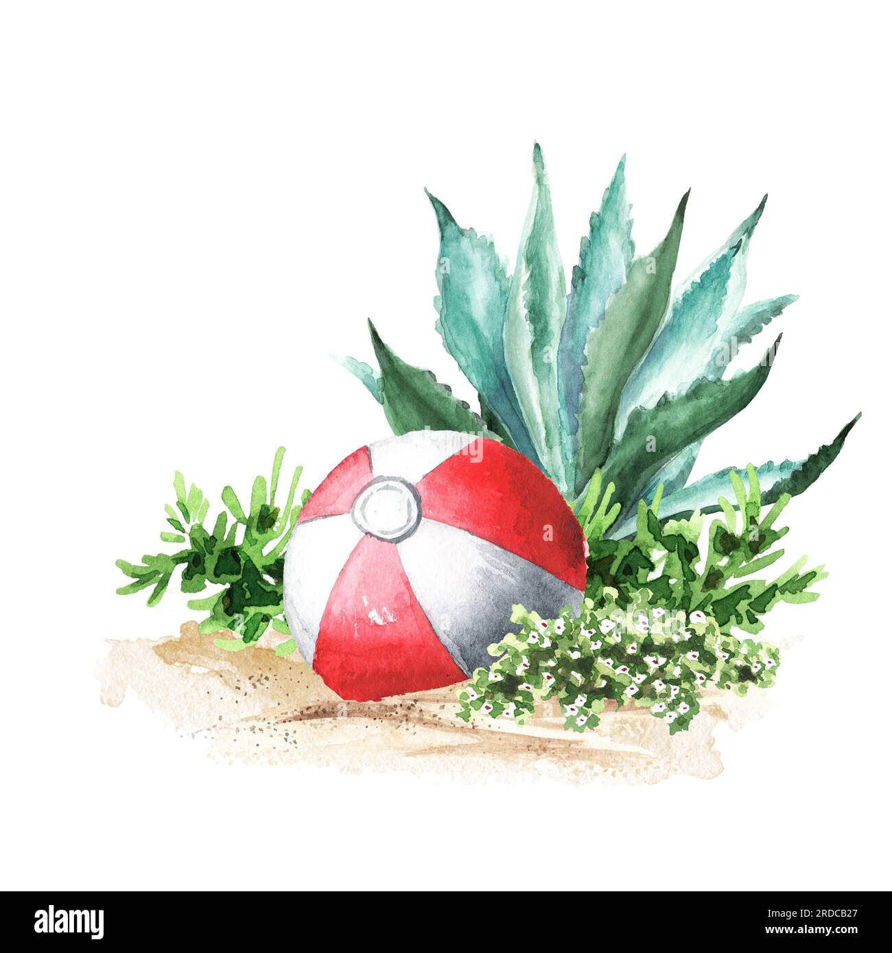 Beach Ball auf dem Sand auf dem Hintergrund der tropischen Pflanzen, handgezeichnete Aquarell-Illustration isoliert auf weißem Hintergrund Stockfoto