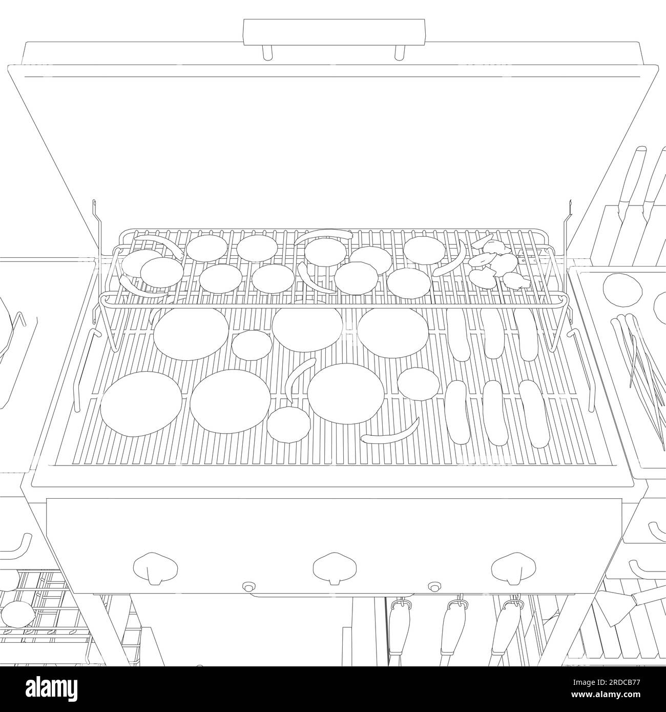 Barbecue/BBQ Gas Grill Clipart - Outline. Vektorgrafik zum Kochen von Speisen auf einem Holzkohlegrill. Stock Vektor