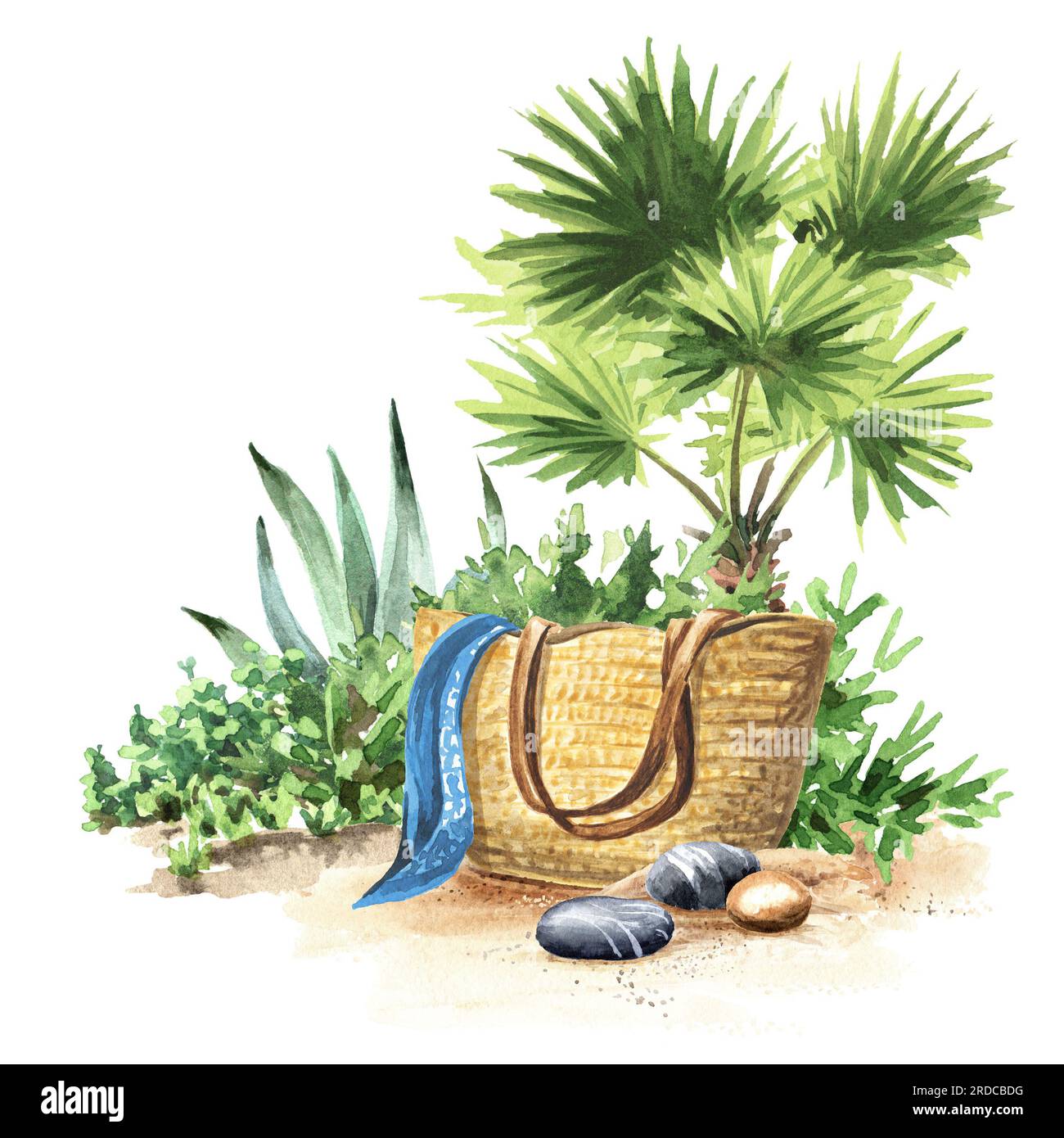 Ratter Strandtasche mit Sand auf Rhe auf dem Hintergrund der tropischen Pflanzen, handgezeichnete Aquarell-Illustration isoliert auf weißem Hintergrund Stockfoto